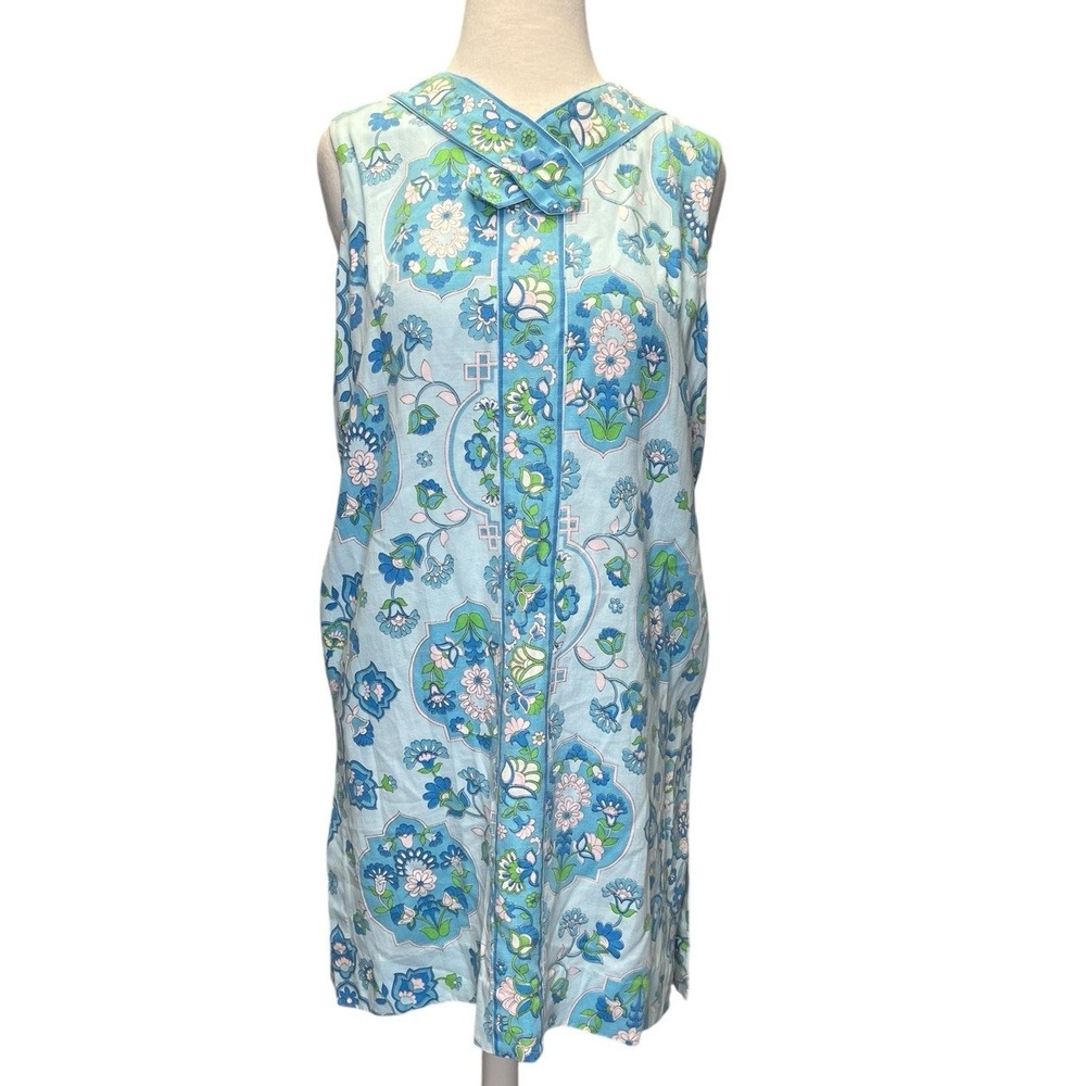 Evelyn Pearson 60s Mini Dress Medium Chinoiserie Floral Crossover‎ Collar Blue